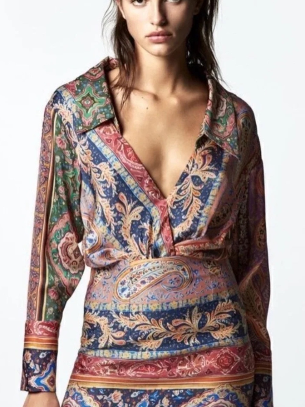Zara Paisley Patchwork Cinched Waist Blouse XS